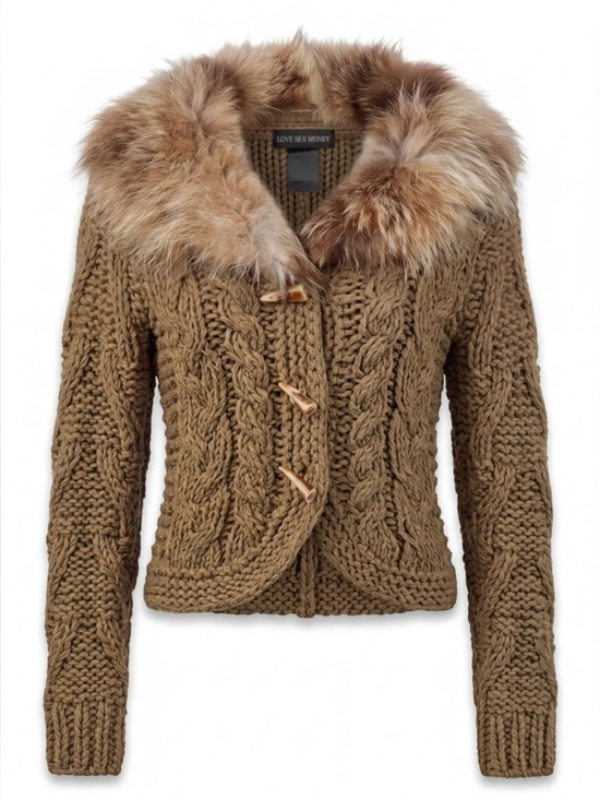 Love Sex Money (by designer Lorella Signorino) Sweaters - LOVE SEX MONEY Italy Vintage Chunky Cable Knit Cardigan Detachable Fur Collar-XS